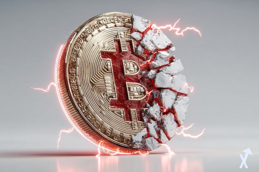 coin 3D bitcoin rouge et fissuré, electricité rouge atour, sur fond blanc