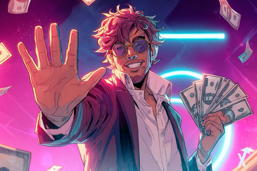 un trader stylé souriant avec des billets de dollars qui nous montre 5 cryptos à acheter