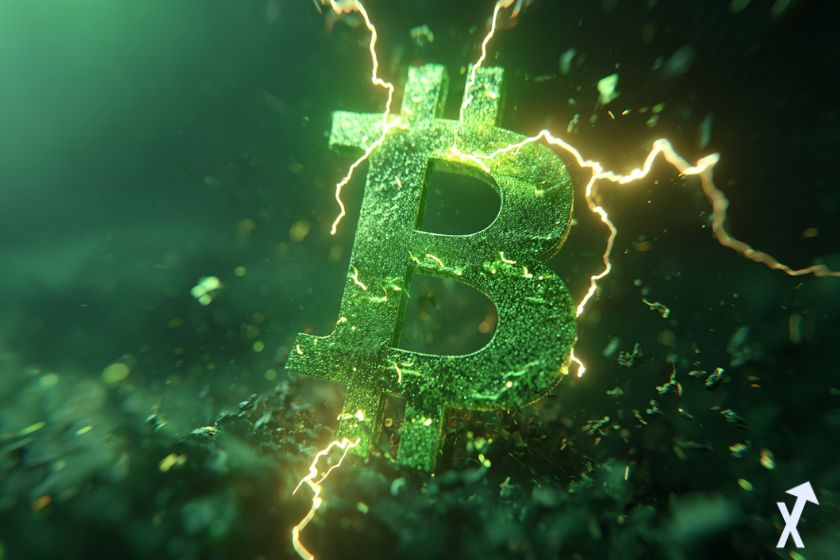 coin 3D bitcoin cash en vert, éclairs jaunes autour sur fond vert