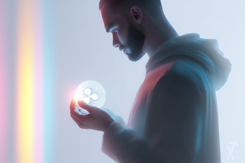 un homme mystérieux tenant un coin XRP lumineux dans ses mains