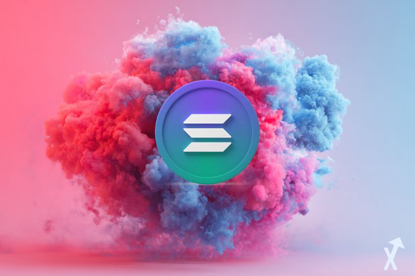 logo solana bleu et vert dans une explosion de fumée bleue et rose