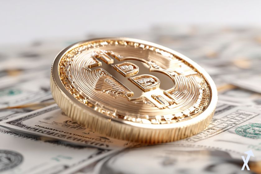 coin 3D bitcoin doré brillant posé sur des billets de dollars