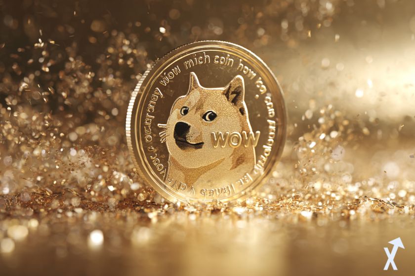 coin 3D dogecoin doge doré et brillant dans une tempête de paillettes dorées sur fond doré