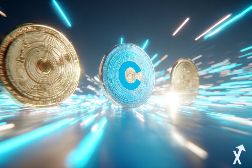 logo coinbase bleu avec deux tokens cryptos dans une explosion lumineuse et des étincelles