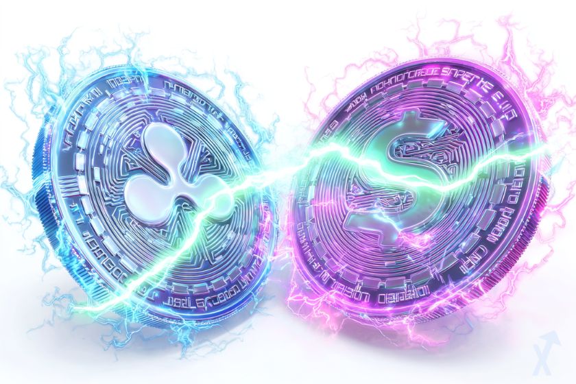 xrp et solana en duel dans une explosion électrique avec des couleurs bleu et rose