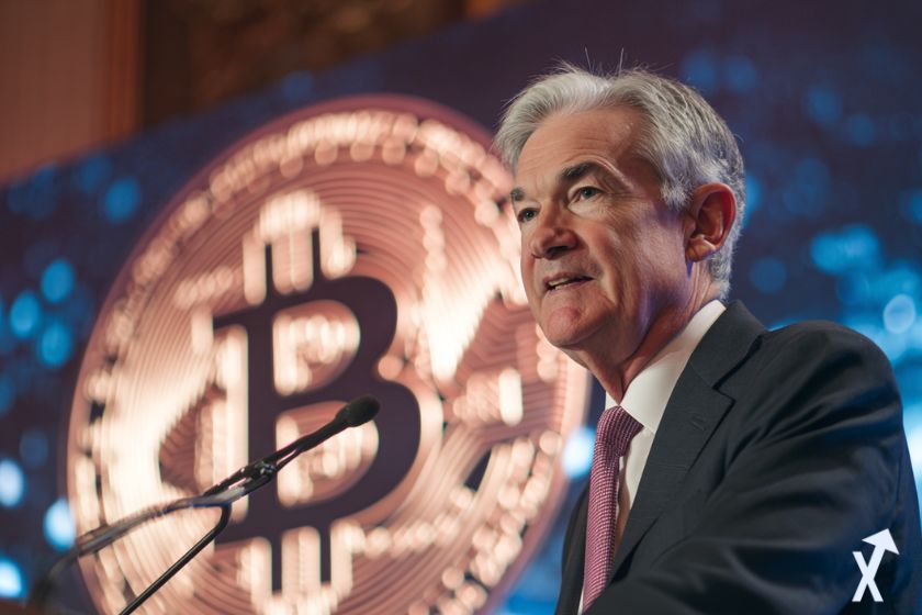 jerome powell président de la Fed qui prononce son discours pour FOMC, logo bitcoin en fond