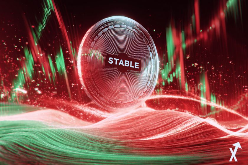 coin 3D STABLE sur une vague rouge et verte avec des graphique de trading en fond