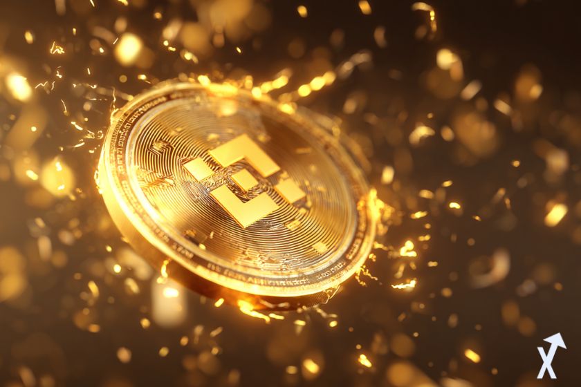 coin 3D bnb binance doré et brillant avec des l'électricitié autour sur fond doré