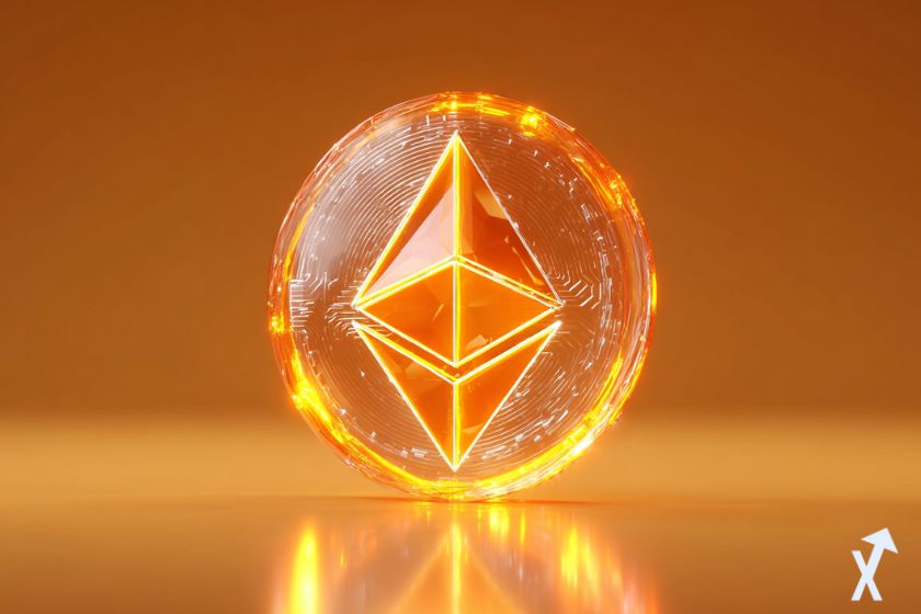 coin 3D ethereum orange brillant sur fond orange