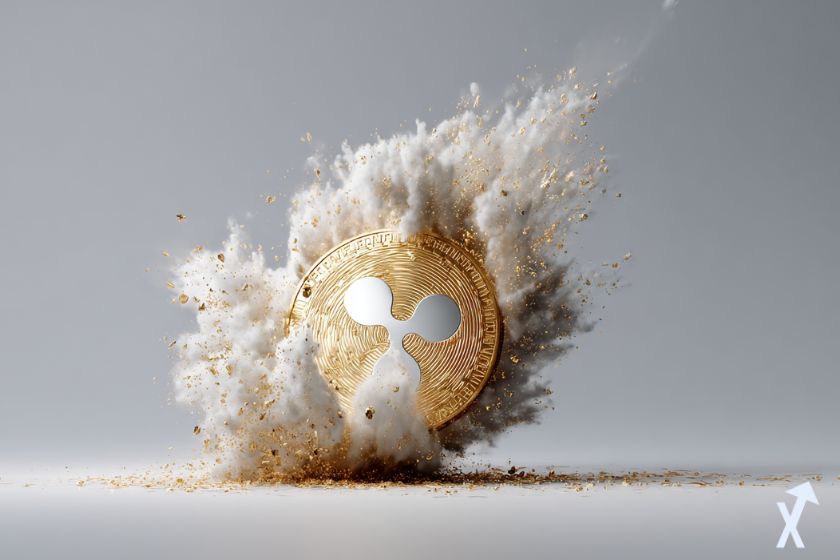 coin 3D xrp doré et gris dans une explosion dorée sur fond gris