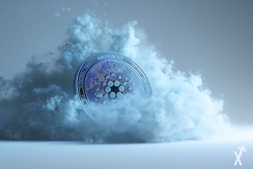 coin 3d cardano bleu, dans une explosion de fumée blanche sur fond gris