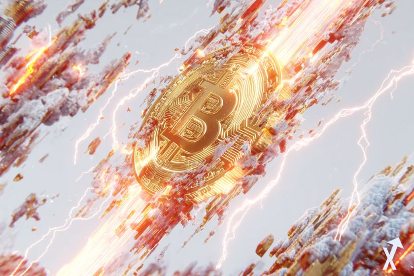 coin 3D bitcoin doré brillant, électricité autour sur fond gris