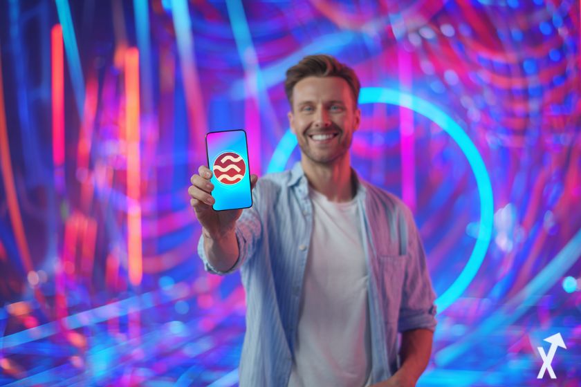 un homme souriant montrant son smartphone avec un logo SEI en fond d'écran, dans un environnement futuriste lumineux