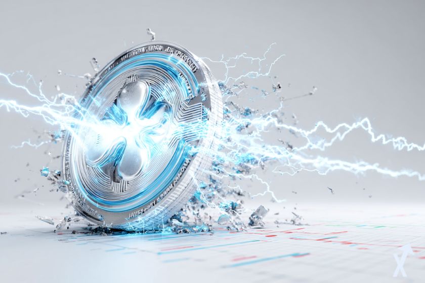 coin 3D xrp gris et bleu dans une explosion lumineuse avec de l'électricité blanche