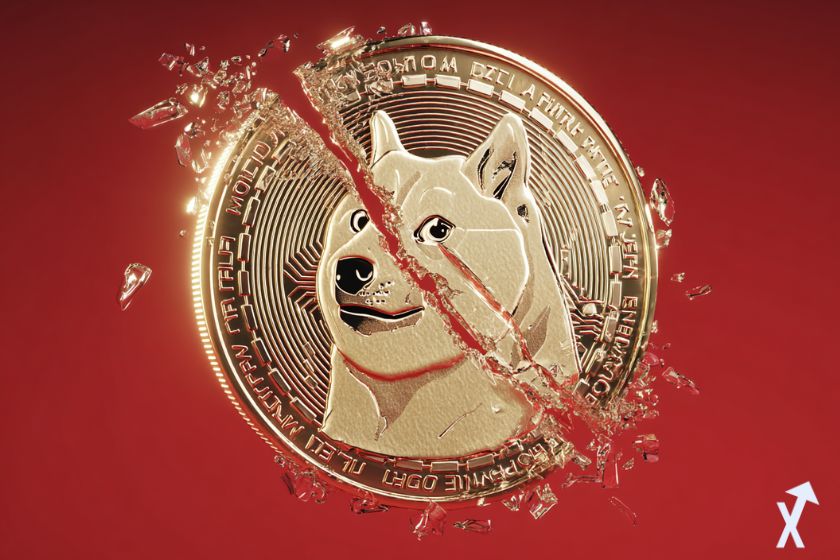 coin 3D dogecoin doge doré brillant, dans un environnement rouge et une fissure explosive