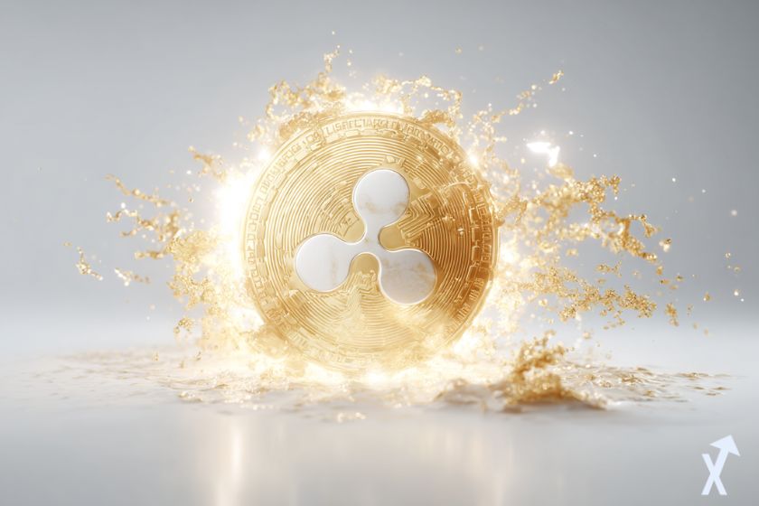 coin 3D xrp doré brillant au milieu de paillettes dorées