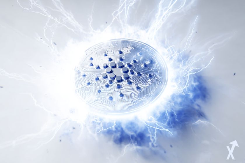 coin 3D cardano bleu et blanc, avec une explosion d'électricité autour