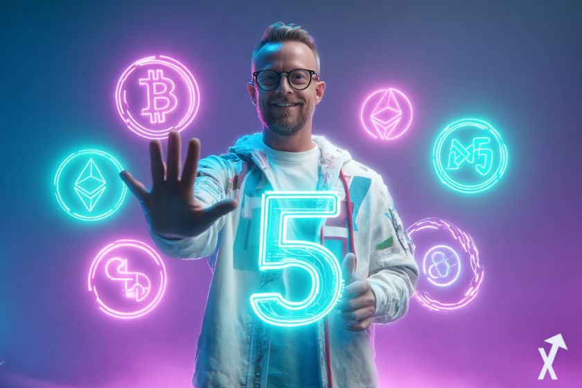 un trader qui montre "5" avec sa main, entouré de plusieurs logo crypto sur fond violet