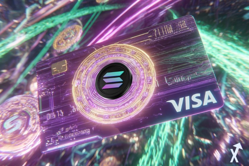 carte bleue visa géante visa avec un logo solana au milieu dans un environnement futuriste