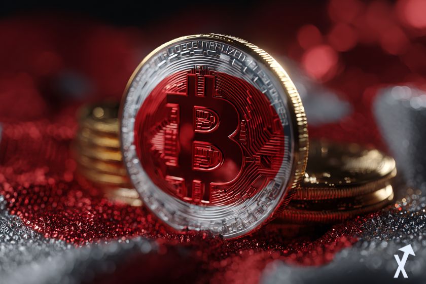 coin 3d bitcoin aux couleurs du japon rouge et blanc avec d'autres coins en fond