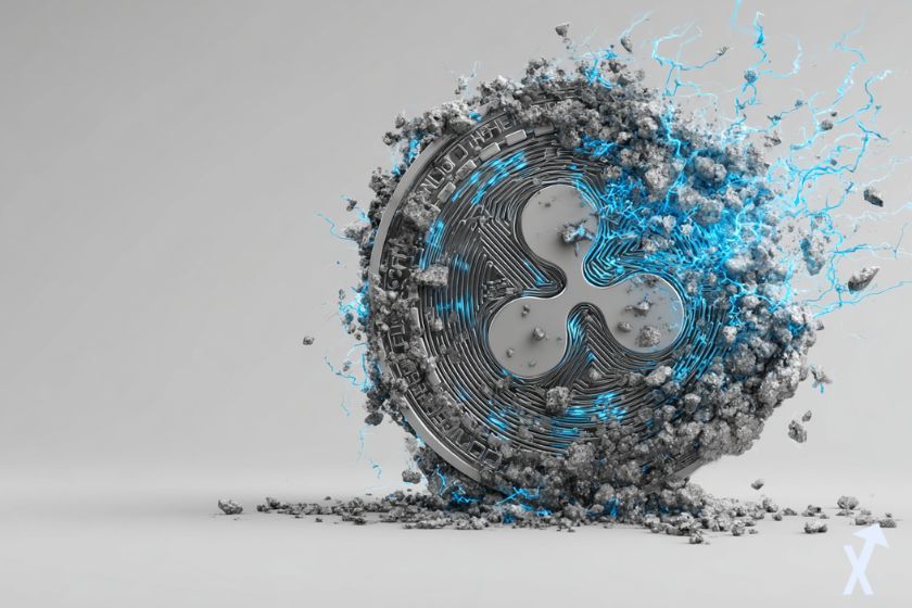 coin 3D xrp gris et bleu dans un environnement gris, electricité bleue autour