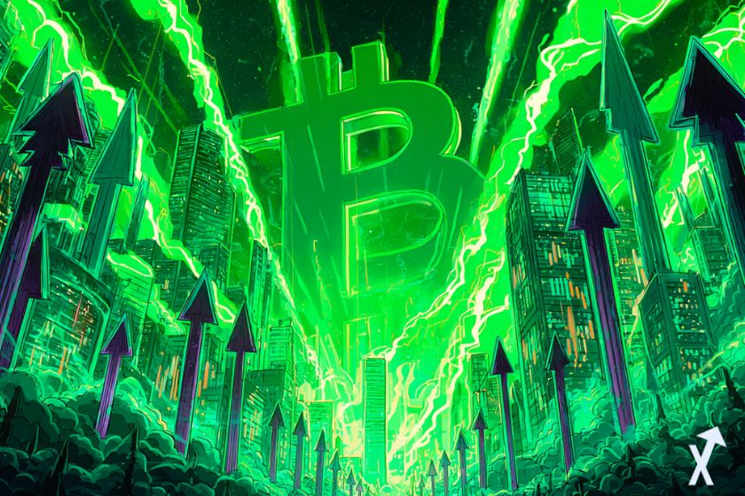 logo bitcoin en vert sur fond vert avec des flèches vers le haut