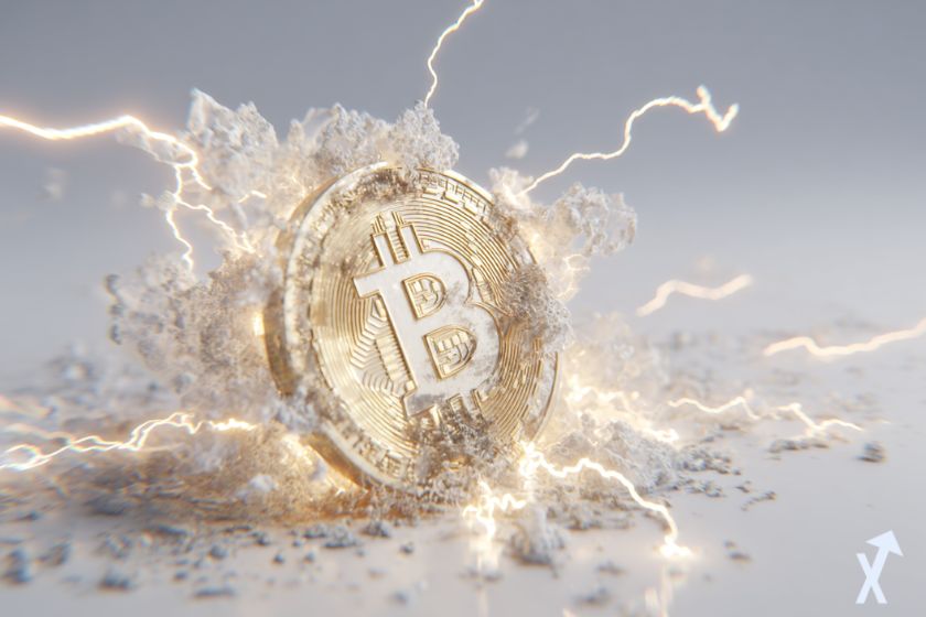 coin 3d bitcoin dans une explosion lumineuse et de l'électricité autour sur fond blanc