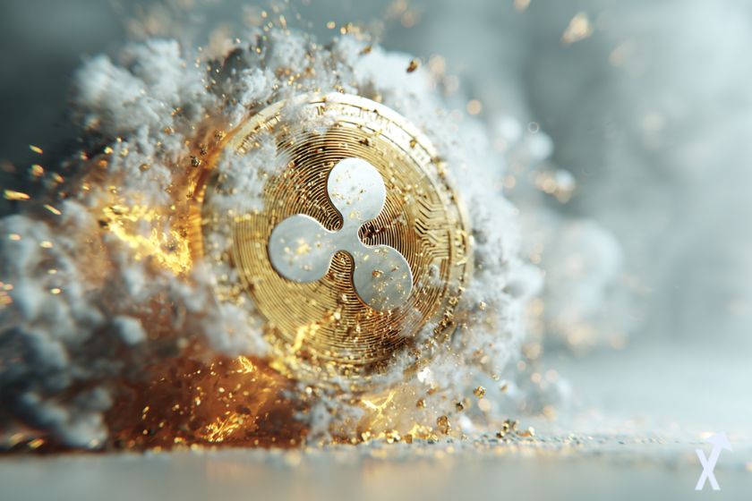 coin 3D xrp ripple doré et gris dans une explosion de fumée grise et électrique