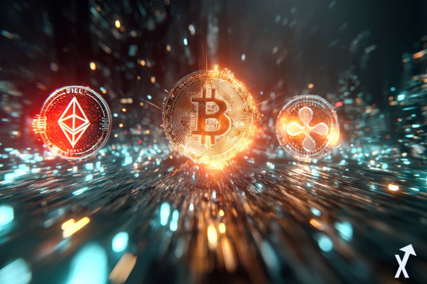 logo ethereum bitcoin et xrp dans une explosion de lumière sur fond sombre