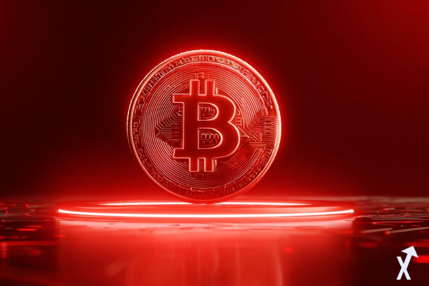 coin 3D bitcoin rouge sur fond rouge avec un néon