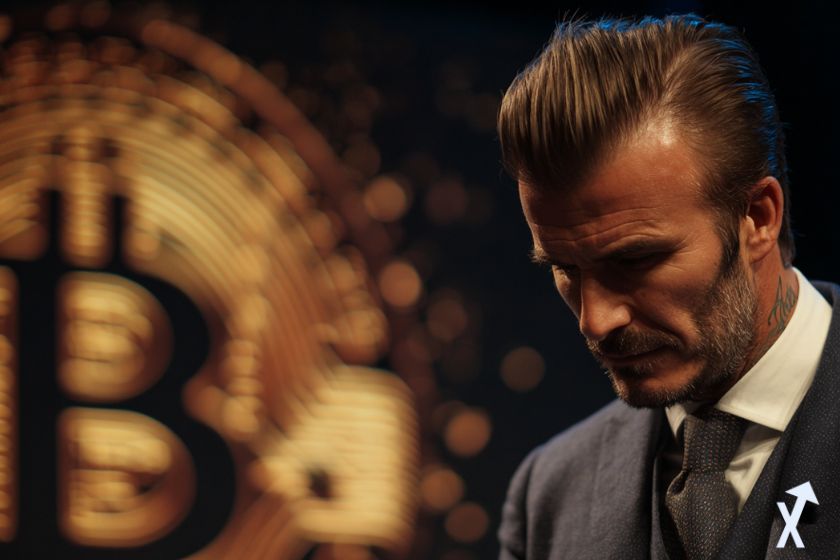 david beckham tête baissée en costume, logo bitcoin en fond