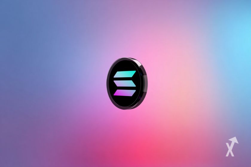 Le token de Solana sur un fond flouté avec les couleurs bleues et roses