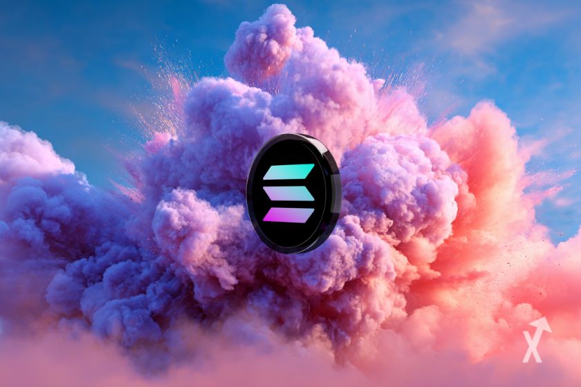 Un token noir avec le logo de Solana sur une explosion violette et un ciel bleu