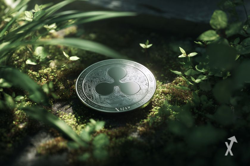Une pièce en argent avec le logo XRP tombée dans la nature