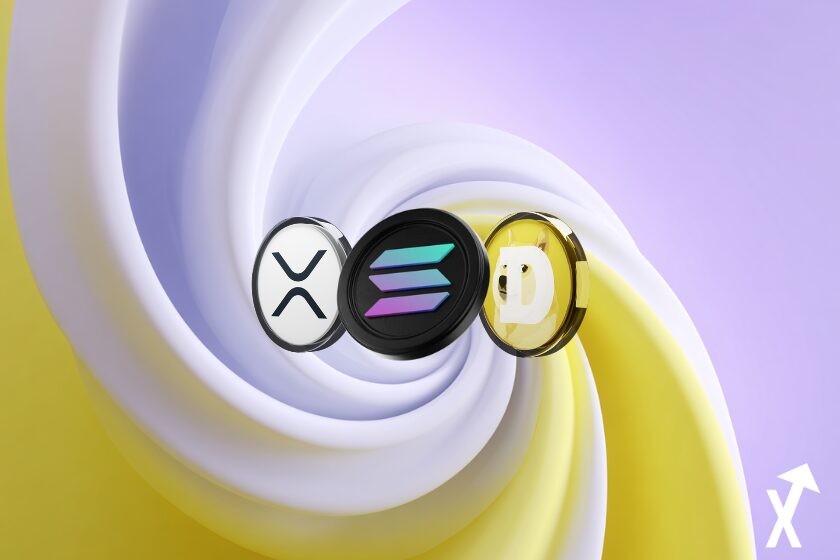 xrp doge coin solana sur fond spirale violet jaune