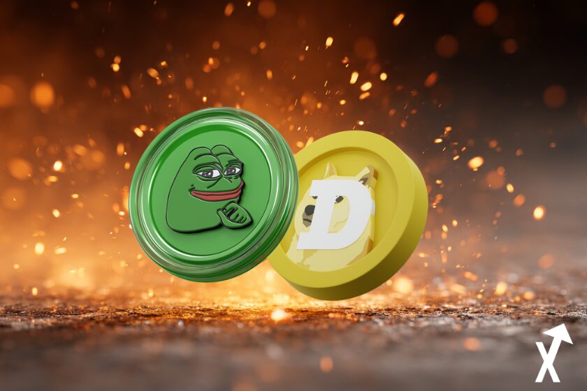 PEPE et DOGE coins sur fond doré feu explosif