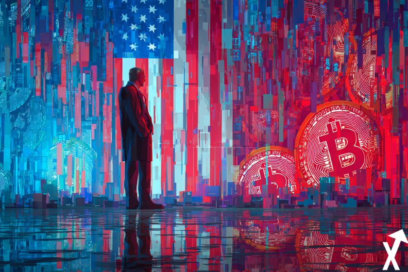 bitcoin et usa flags fud bleu blanc rouge sur fond coloré
