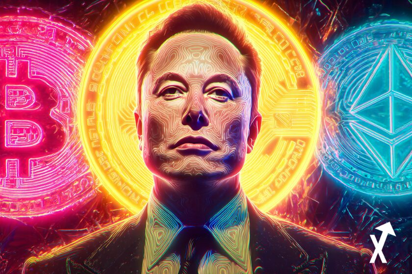 elon musk au centre bitcoin ethereum coins geants autour fond coloré bleu jaune et rose