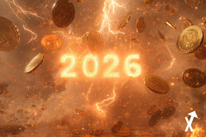 2026 en feu entouré de coins tombant du ciel rouge feu