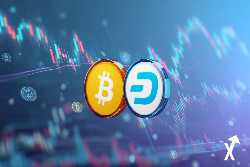 coins dash et bitcoin sur fond bleu trading charts