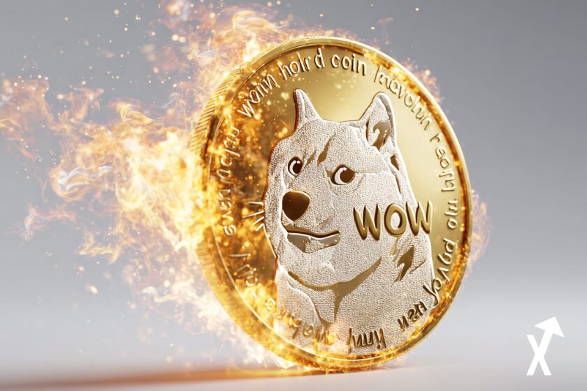 dogecoin coin sur fond feu autour doré et fond blanc clean