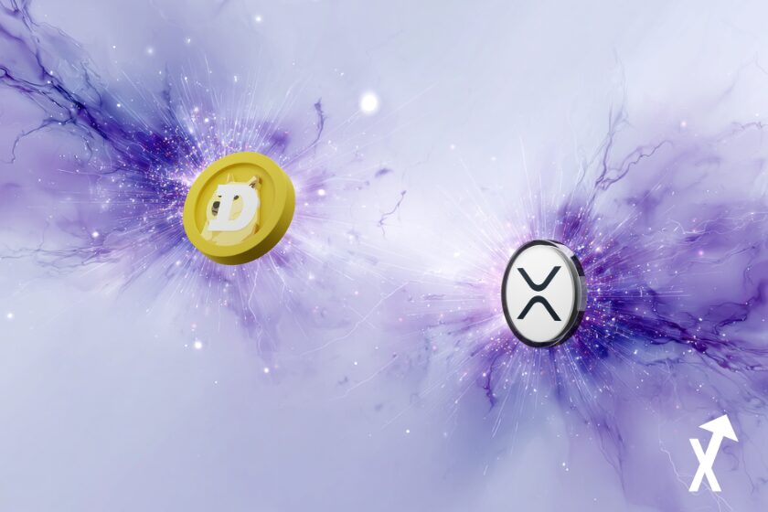 doge et xrp coins sur fond violet blanc lueur