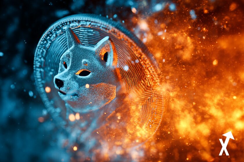 shiba coin sur fond feu explosif et bleu crypro