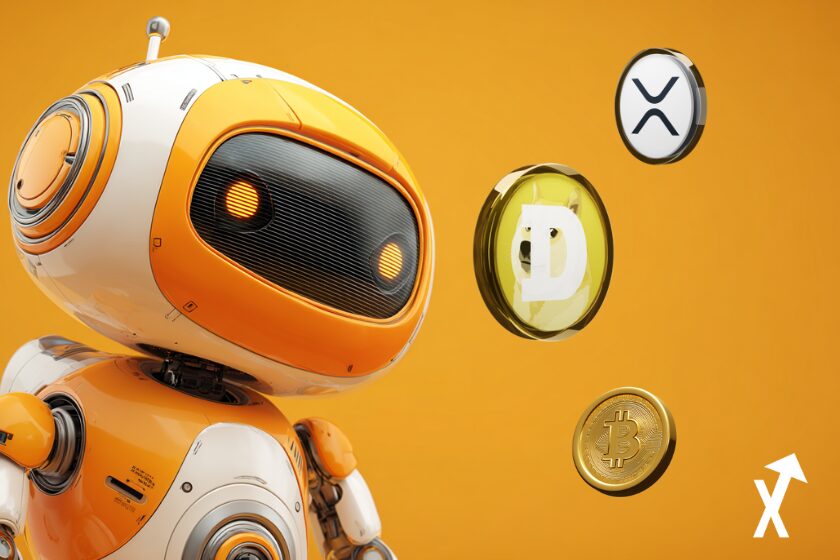 xrp bitcoin dogecoin coins à côté de robot ia et fond orange