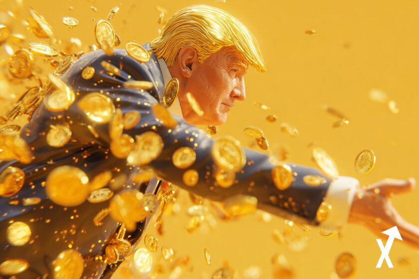 trump entouré de coins cryptos sur fond jaune vif