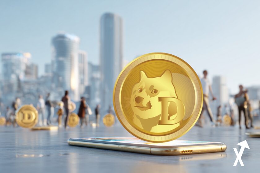 dogecoin coins doré sur fond ville future