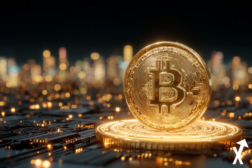 bitcoin doré sur monde doré et noir crypto