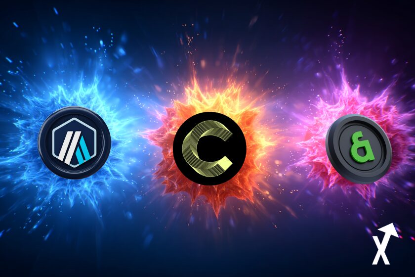 arb cc coin et kaia coins sur fond explosif 3 impacts colorés cryptos