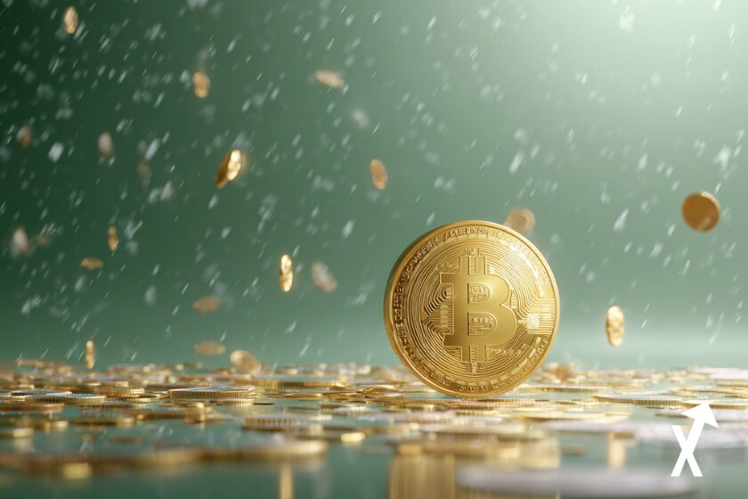 bitcoin doré sur fond de pluie de crypto vert doré