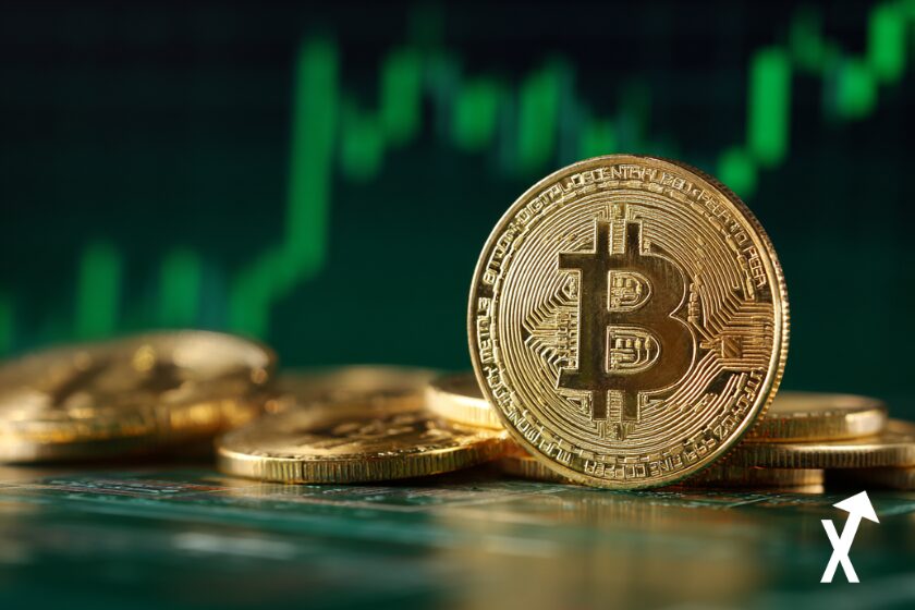 bitcoin coin doré sur fond vert trading chart coloré vert